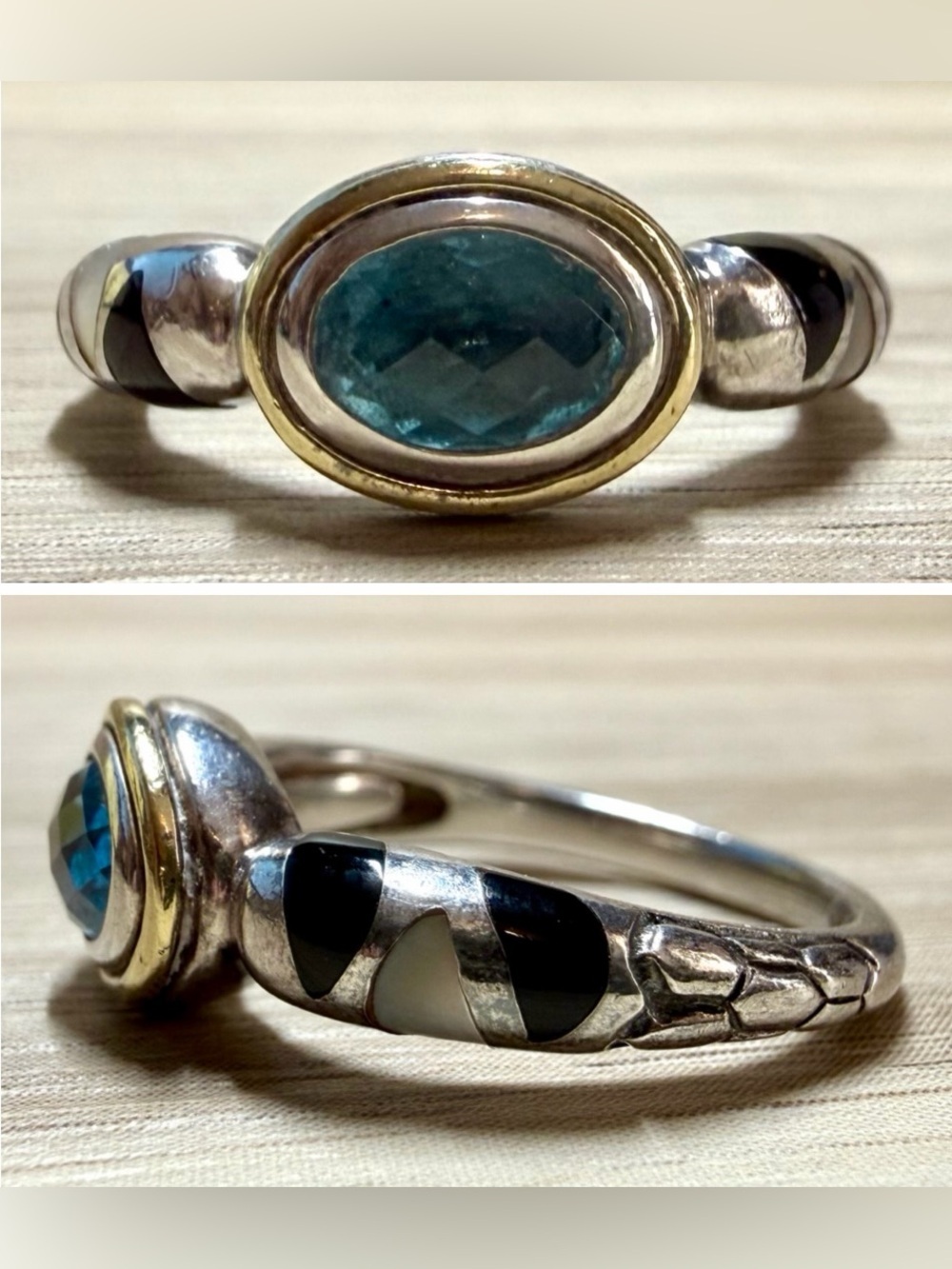 Vintage Modernist Asch Grossbardt Sterling Silver & 18K Gold Blue Topaz Ring